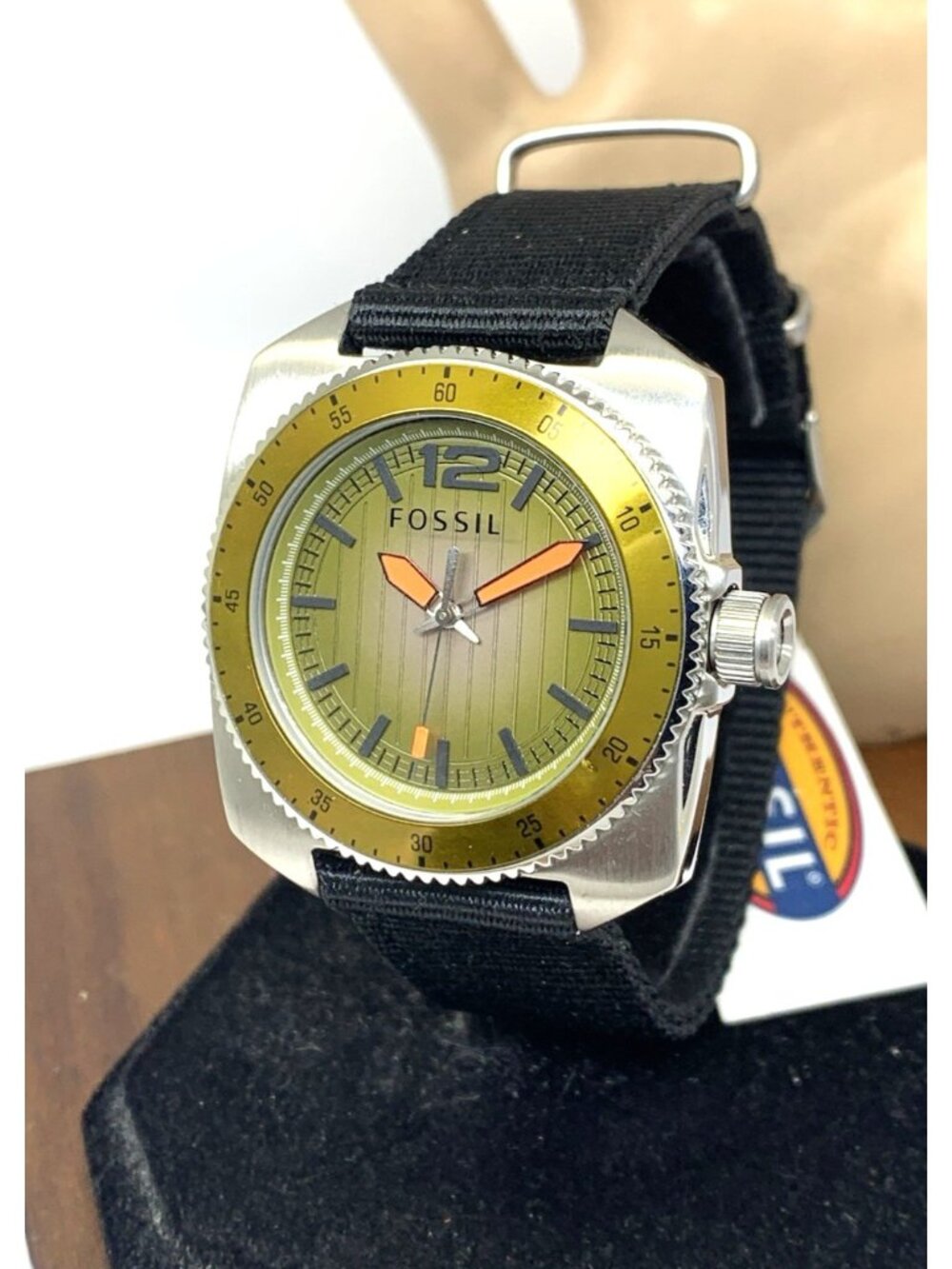 Fossil Mens Watch WB1043 Quartz Green Dial 38mm Stainless Steel Case Nylon Strap